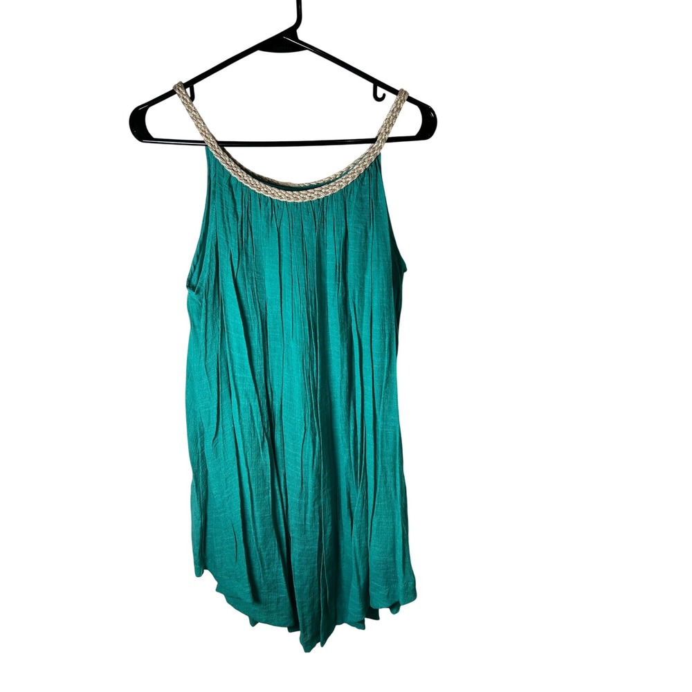 Sand & Spirit Teal Green Braided Metallic Neckline Mini Dress Small NWT
